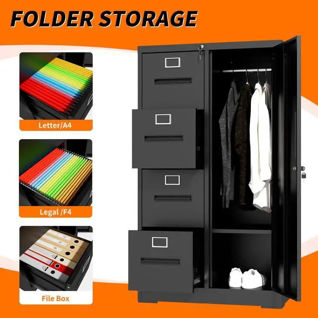Alt view image 4 of 7 - Metal Storage Vertical Filing Cabinet with Lock, Steel File Locker with 4 Drawers and 1 door for School, Living Room, Bedroom, Office (Black)