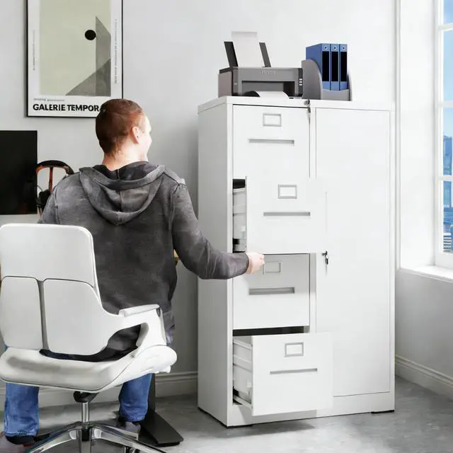 Alt view image 2 of 7 - Metal Storage Vertical Filing Cabinet with Lock, Steel File Locker with 4 Drawers and 1 door for School, Living Room, Bedroom, Office (White)