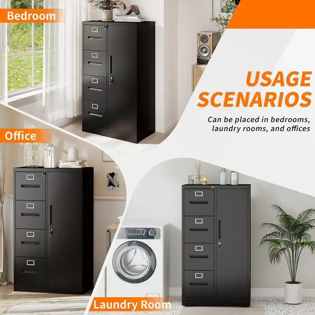Alt view image 6 of 7 - Metal Storage Vertical Filing Cabinet with Lock, Steel File Locker with 4 Drawers and 1 door for School, Living Room, Bedroom, Office (Black)