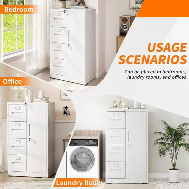 Alt view image 5 of 7 - Metal Storage Vertical Filing Cabinet with Lock, Steel File Locker with 4 Drawers and 1 door for School, Living Room, Bedroom, Office (White)