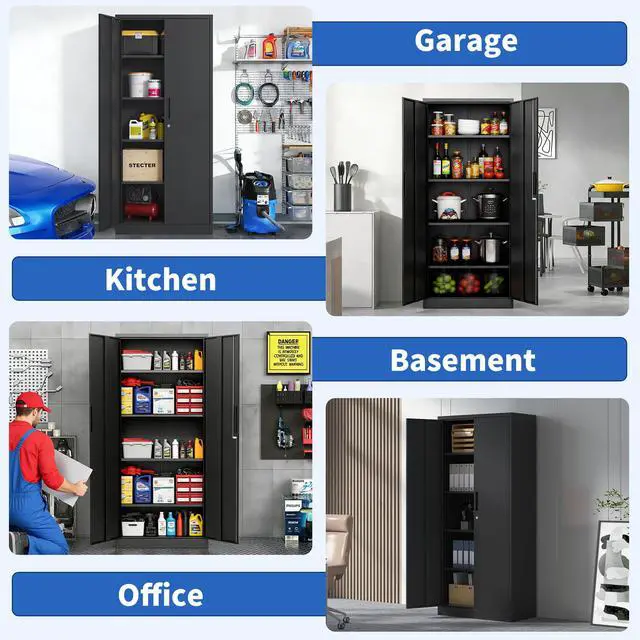 Alt view image 5 of 7 - 72"H Metal Garage Storage Cabinet, Black Tool Steel Locking Cabinet with Doors and 4 Shelves, Tall Cabinets for Garage Storage Systems Lockable File Cabinet for Home Office, Classroom/Pantry