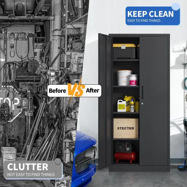 Alt view image 7 of 7 - 72"H Metal Garage Storage Cabinet, Black Tool Steel Locking Cabinet with Doors and 4 Shelves, Tall Cabinets for Garage Storage Systems Lockable File Cabinet for Home Office, Classroom/Pantry