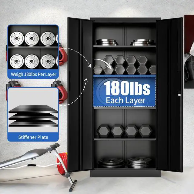 Alt view image 4 of 7 - 71"H Metal Garage Storage Cabinet, Black Tool Steel Locking Cabinet with Doors and 4 Shelves, Tall Cabinets for Garage Storage Systems Lockable File Cabinet for Home Office, Classroom/Pantry