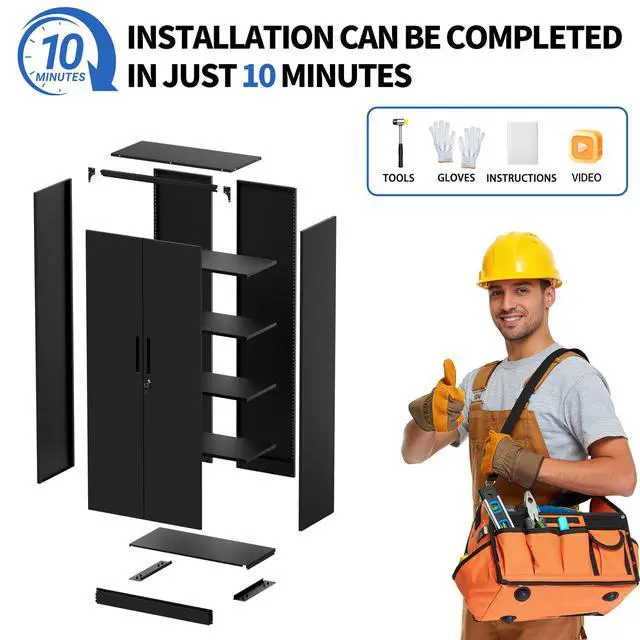 Alt view image 7 of 7 - 71"H Metal Garage Storage Cabinet, Black Tool Steel Locking Cabinet with Doors and 4 Shelves, Tall Cabinets for Garage Storage Systems Lockable File Cabinet for Home Office, Classroom/Pantry