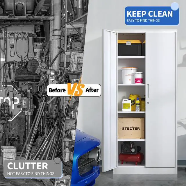 Alt view image 7 of 7 - 71"H Metal Garage Storage Cabinet, White Tool Steel Locking Cabinet with Doors and 4 Adjustable Shelves, Tall Cabinets for Garage Storage Systems Lockable File Cabinet for Home Office,Classroom,Pantry