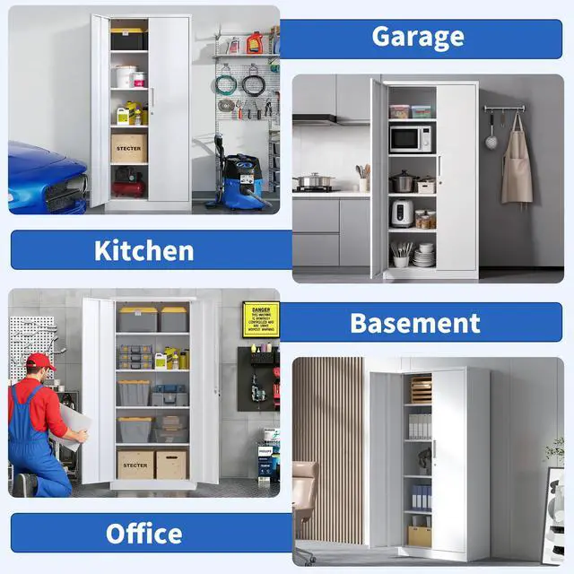 Alt view image 5 of 7 - 71"H Metal Garage Storage Cabinet, White Tool Steel Locking Cabinet with Doors and 4 Adjustable Shelves, Tall Cabinets for Garage Storage Systems Lockable File Cabinet for Home Office,Classroom,Pantry