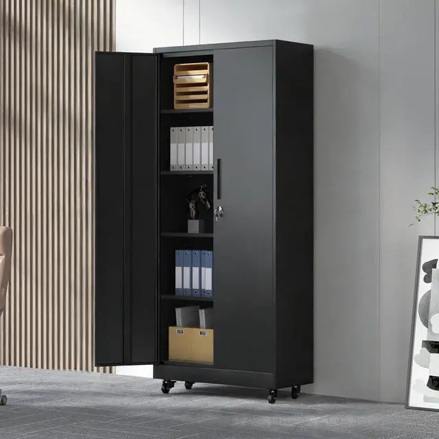 Alt view image 2 of 7 - 71"H Metal Garage Storage Cabinet with Wheels and Lock, Heavy Duty Rolling Metal Cabinet, 4 Adjustable Shelves (180lb Each), 3-Point Locking Security, for Tool Organization in Garage, Workshop, Office