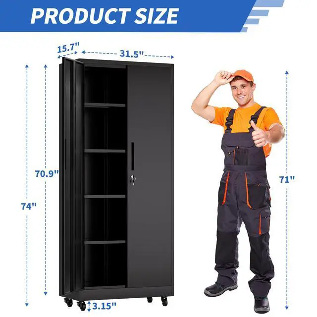 Alt view image 3 of 7 - 71"H Metal Garage Storage Cabinet with Wheels and Lock, Heavy Duty Rolling Metal Cabinet, 4 Adjustable Shelves (180lb Each), 3-Point Locking Security, for Tool Organization in Garage, Workshop, Office