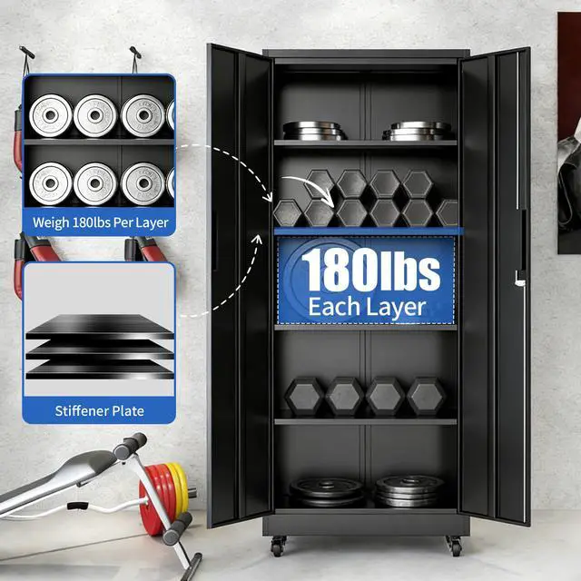 Alt view image 4 of 7 - 71"H Metal Garage Storage Cabinet with Wheels and Lock, Heavy Duty Rolling Metal Cabinet, 4 Adjustable Shelves (180lb Each), 3-Point Locking Security, for Tool Organization in Garage, Workshop, Office