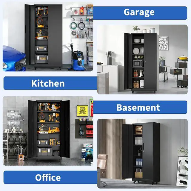 Alt view image 6 of 7 - 71"H Metal Garage Storage Cabinet with Wheels and Lock, Heavy Duty Rolling Metal Cabinet, 4 Adjustable Shelves (180lb Each), 3-Point Locking Security, for Tool Organization in Garage, Workshop, Office