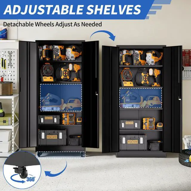 Alt view image 5 of 7 - 71"H Metal Garage Storage Cabinet with Wheels and Lock, Heavy Duty Rolling Metal Cabinet, 4 Adjustable Shelves (180lb Each), 3-Point Locking Security, for Tool Organization in Garage, Workshop, Office
