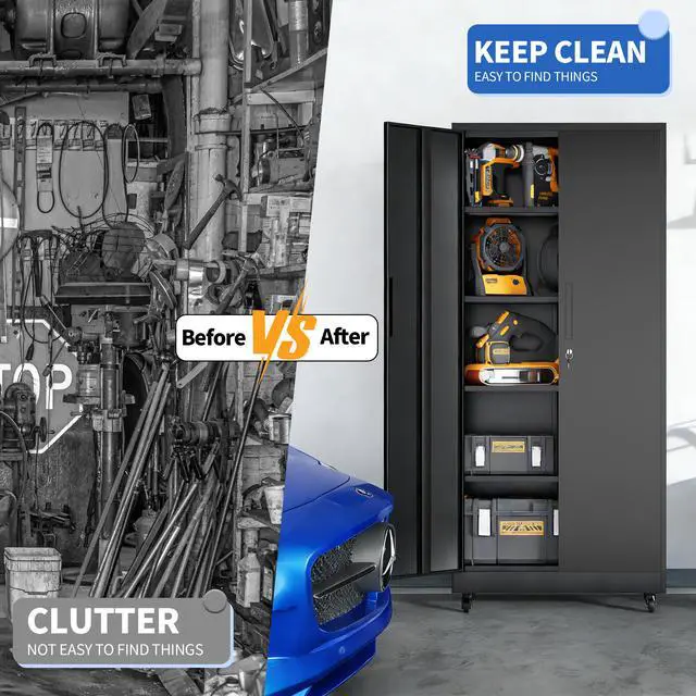 Alt view image 7 of 7 - 71"H Metal Garage Storage Cabinet with Wheels and Lock, Heavy Duty Rolling Metal Cabinet, 4 Adjustable Shelves (180lb Each), 3-Point Locking Security, for Tool Organization in Garage, Workshop, Office