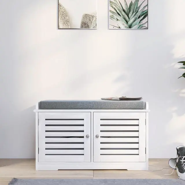 Main image of Shoe Storage Bench with Padded Seat Cushion, Entryway Bench with 2 Barn Doors-White