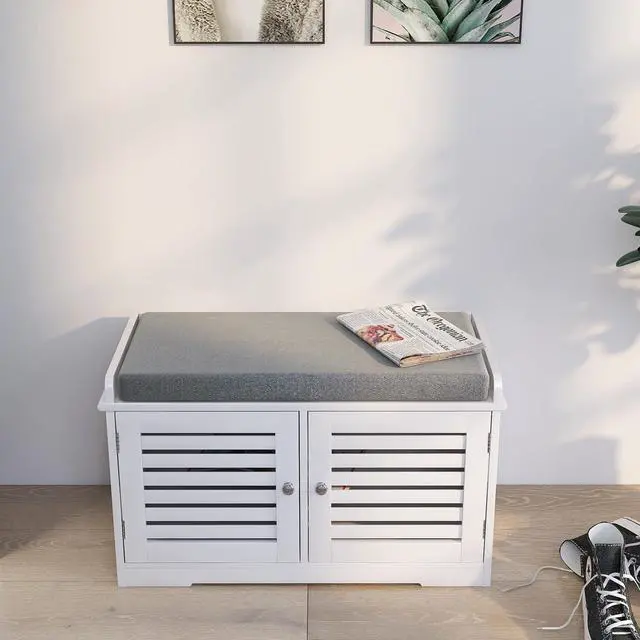 Alt view image 3 of 7 - Shoe Storage Bench with Padded Seat Cushion, Entryway Bench with 2 Barn Doors-White