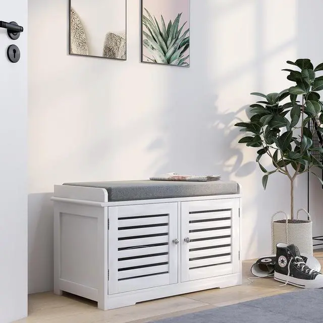 Alt view image 2 of 7 - Shoe Storage Bench with Padded Seat Cushion, Entryway Bench with 2 Barn Doors-White