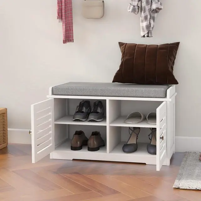 Alt view image 4 of 7 - Shoe Storage Bench with Padded Seat Cushion, Entryway Bench with 2 Barn Doors-White
