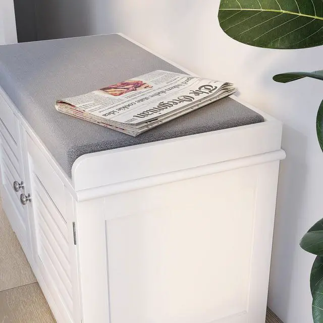 Alt view image 6 of 7 - Shoe Storage Bench with Padded Seat Cushion, Entryway Bench with 2 Barn Doors-White