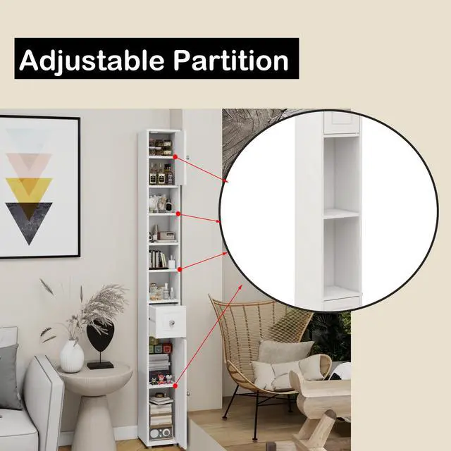 Alt view image 6 of 7 - Tall Slim Bathroom Storage Cabinet, 71" Freestanding Bathroom Cabinet with 1 Drawer, 2 Doors and 4 Adjustable Shelves-White
