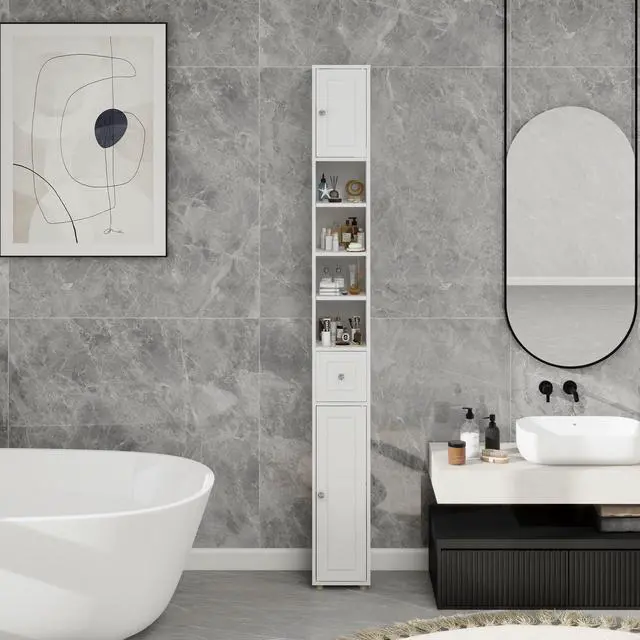 Alt view image 2 of 7 - Tall Slim Bathroom Storage Cabinet, 71" Freestanding Bathroom Cabinet with 1 Drawer, 2 Doors and 4 Adjustable Shelves-White