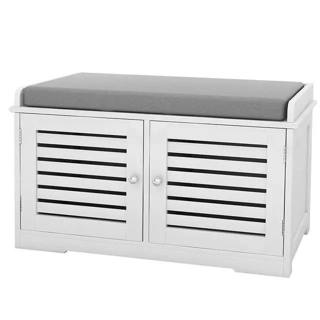 Alt view image 7 of 7 - Shoe Storage Bench with Padded Seat Cushion, Entryway Bench with 2 Barn Doors-White