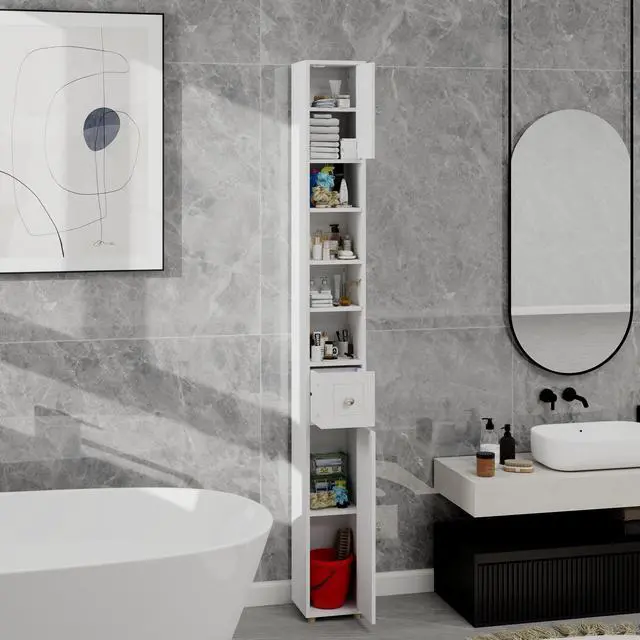 Alt view image 7 of 7 - Tall Slim Bathroom Storage Cabinet, 71" Freestanding Bathroom Cabinet with 1 Drawer, 2 Doors and 4 Adjustable Shelves-White