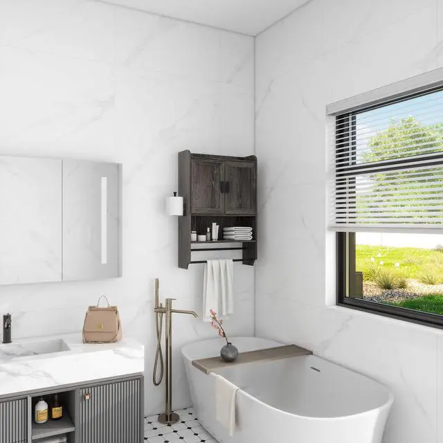 Alt view image 2 of 7 - Bathroom Wall Cabinet with Doors,Adjustable Shelf,Towel Bar and Paper Holder, Over The Toilet Storage Cabinet, Medicine Cabinet for Bathroom-Grey
