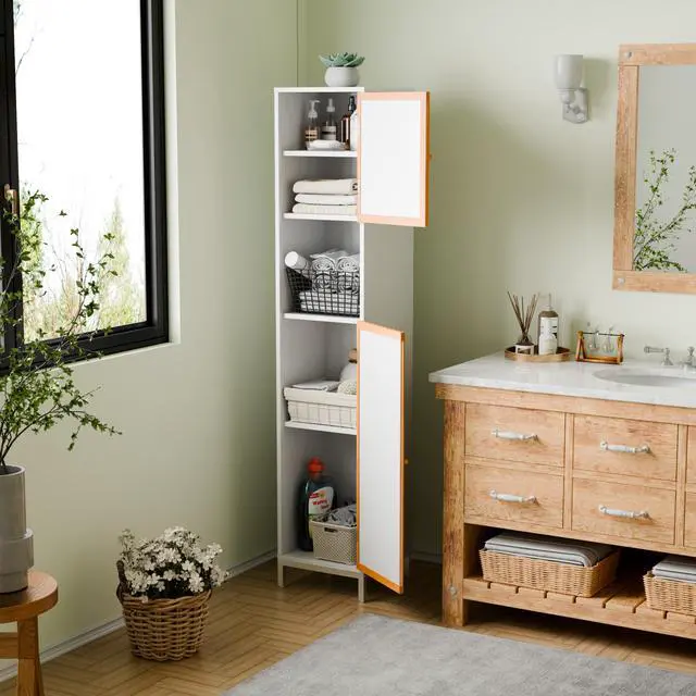 Alt view image 2 of 5 - Bathroom Tall Storage Cabinet with Bamboo Slats Door - Natural/White