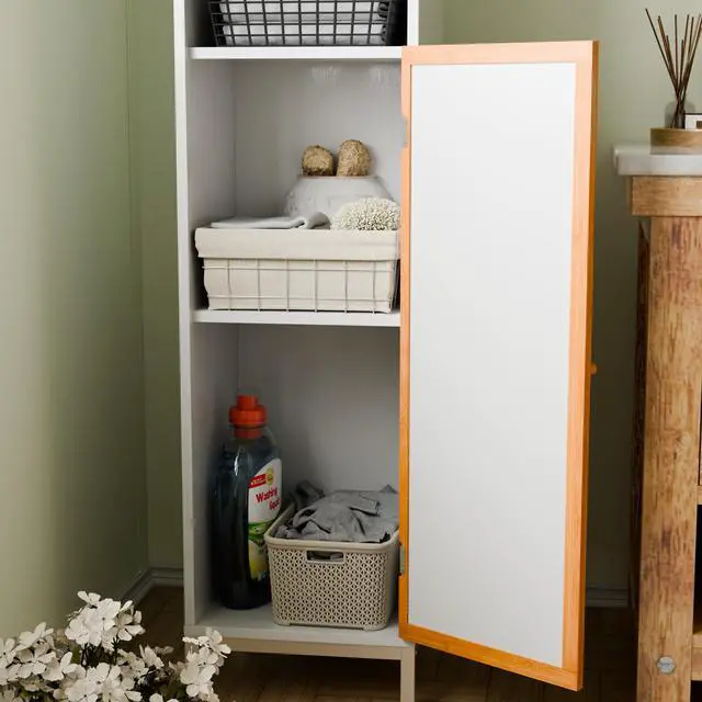 Alt view image 3 of 5 - Bathroom Tall Storage Cabinet with Bamboo Slats Door - Natural/White