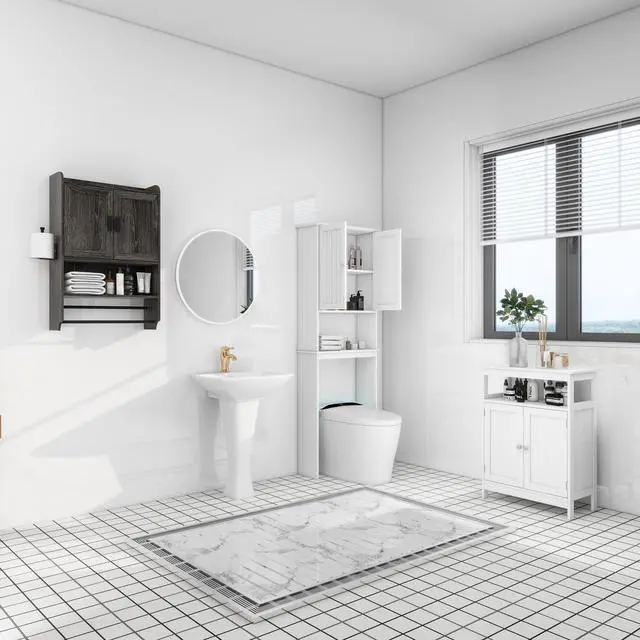 Alt view image 3 of 7 - Bathroom Wall Cabinet with Doors,Adjustable Shelf,Towel Bar and Paper Holder, Over The Toilet Storage Cabinet, Medicine Cabinet for Bathroom-Grey