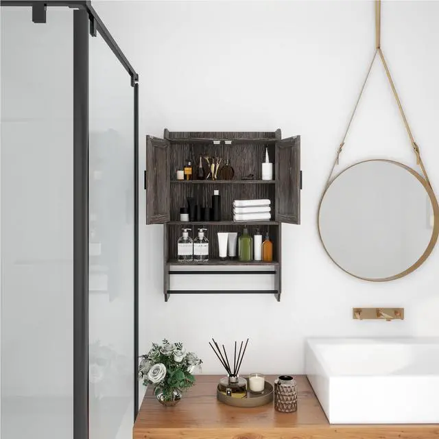 Alt view image 4 of 7 - Bathroom Wall Cabinet with Doors,Adjustable Shelf,Towel Bar and Paper Holder, Over The Toilet Storage Cabinet, Medicine Cabinet for Bathroom-Grey