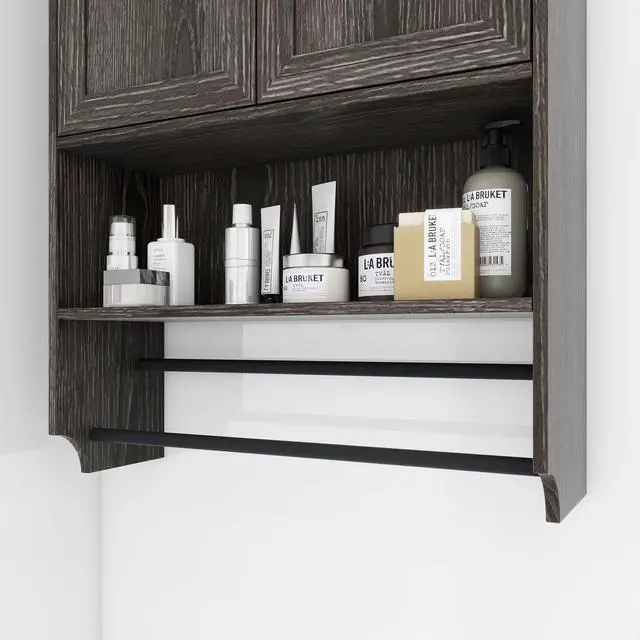 Alt view image 6 of 7 - Bathroom Wall Cabinet with Doors,Adjustable Shelf,Towel Bar and Paper Holder, Over The Toilet Storage Cabinet, Medicine Cabinet for Bathroom-Grey