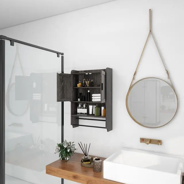Alt view image 5 of 7 - Bathroom Wall Cabinet with Doors,Adjustable Shelf,Towel Bar and Paper Holder, Over The Toilet Storage Cabinet, Medicine Cabinet for Bathroom-Grey
