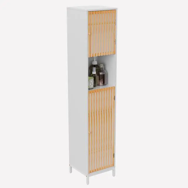 Alt view image 5 of 5 - Bathroom Tall Storage Cabinet with Bamboo Slats Door - Natural/White