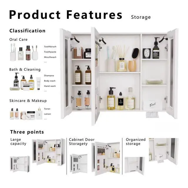 Alt view image 6 of 7 - LED bathroom medicine cabinet with single-color white light ,Anti-fogging ,Easy to install Aluminum-plastic cabinet.(27.56*35.43 Three Door)