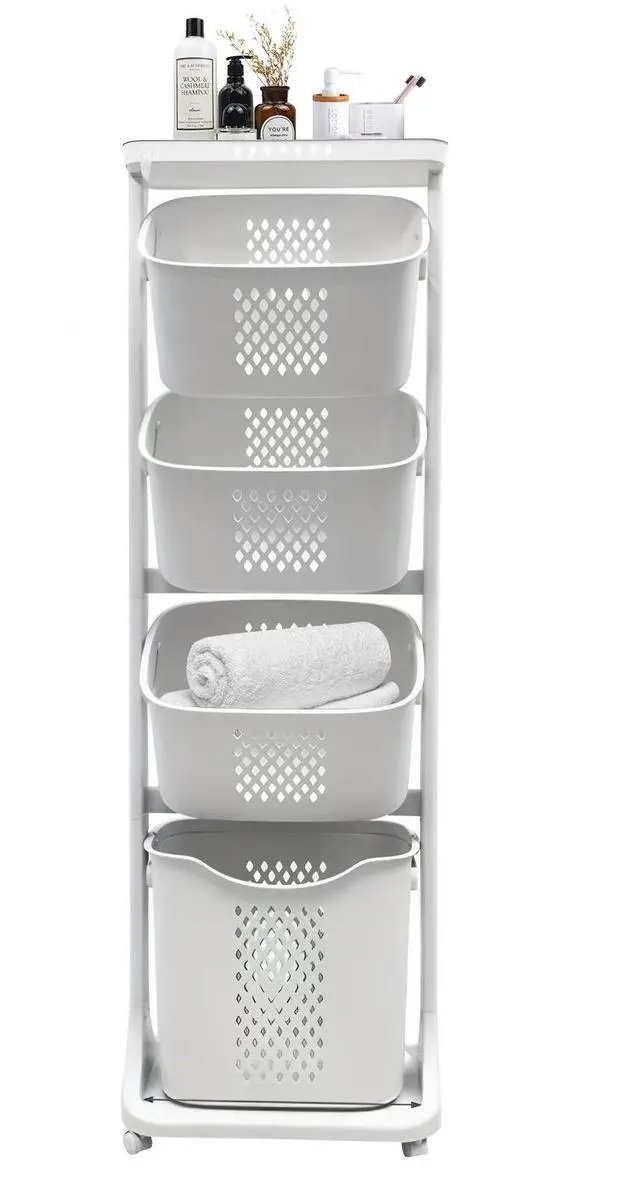 Main image of 4-Tier Laundry Hamper Sorter, Laundry Storage Organizer with Wheels Removable Rolling Laundry Baskets, Bathroom Cart for Dirty Clothes, White