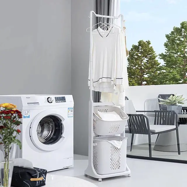 Main image of 2-Tier Laundry Hamper Sorter with Hanging Bar, Rolling Laundry Baskets with Wheels Removable, Stackable Laundry Cart Organizer and Storage for Small Space, Dorm, Closet, Bathroom