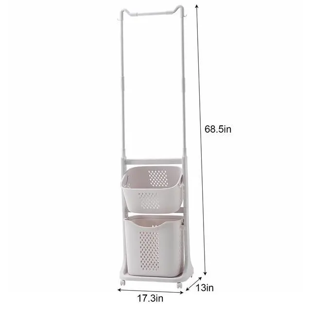 Alt view image 2 of 7 - 2-Tier Laundry Hamper Sorter with Hanging Bar, Rolling Laundry Baskets with Wheels Removable, Stackable Laundry Cart Organizer and Storage for Small Space, Dorm, Closet, Bathroom
