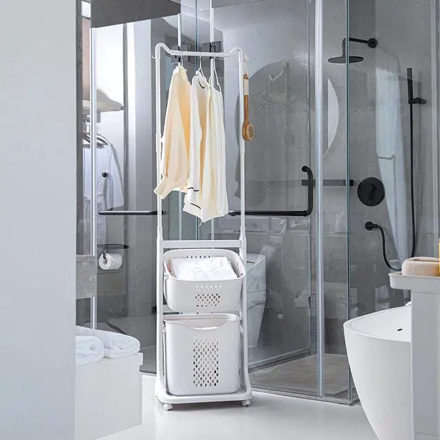 Alt view image 3 of 7 - 2-Tier Laundry Hamper Sorter with Hanging Bar, Rolling Laundry Baskets with Wheels Removable, Stackable Laundry Cart Organizer and Storage for Small Space, Dorm, Closet, Bathroom