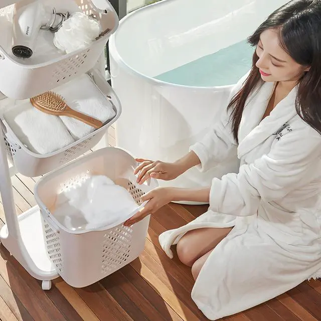 Alt view image 3 of 7 - 4-Tier Laundry Hamper Sorter, Laundry Storage Organizer with Wheels Removable Rolling Laundry Baskets, Bathroom Cart for Dirty Clothes, White