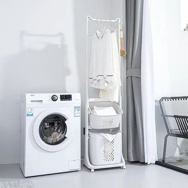 Alt view image 6 of 7 - 2-Tier Laundry Hamper Sorter with Hanging Bar, Rolling Laundry Baskets with Wheels Removable, Stackable Laundry Cart Organizer and Storage for Small Space, Dorm, Closet, Bathroom