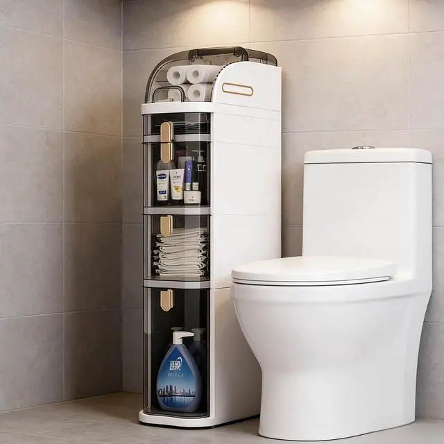Alt view image 4 of 7 - Bathroom Floor Cabinet, 5-Tier Narrow Bathroom Storage Cabinet, Mobile and No Installation Required, Perfect for Small Space Laundry Rooms, Toilet Areas and Living Room Gaps