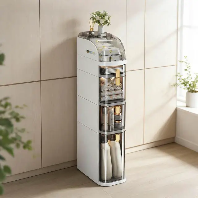 Alt view image 5 of 7 - Bathroom Floor Cabinet, 5-Tier Narrow Bathroom Storage Cabinet, Mobile and No Installation Required, Perfect for Small Space Laundry Rooms, Toilet Areas and Living Room Gaps