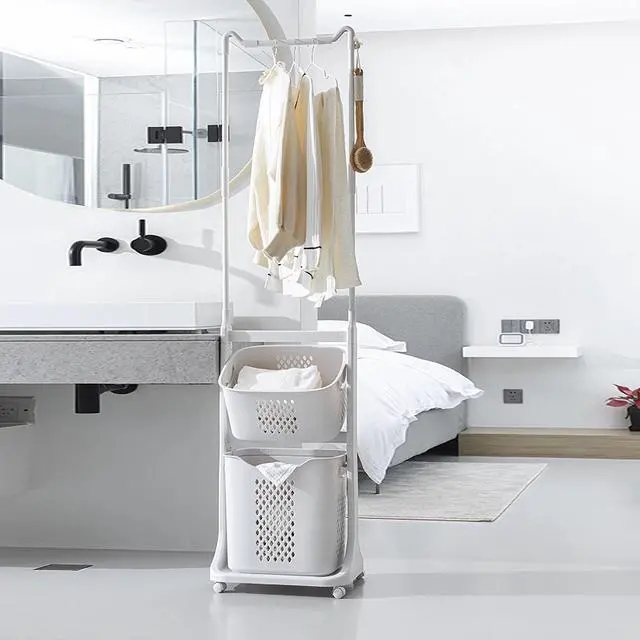 Alt view image 7 of 7 - 2-Tier Laundry Hamper Sorter with Hanging Bar, Rolling Laundry Baskets with Wheels Removable, Stackable Laundry Cart Organizer and Storage for Small Space, Dorm, Closet, Bathroom