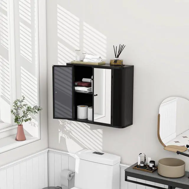 Alt view image 2 of 7 - Black Wall-Mounted Bathroom Cabinet with Mirror, 2 Mirrored Doors & Open Shelf, Farmhouse Metal Frame Storage Cabinet with Open Compartment for Vanity, Toilet & Over-the-Sink