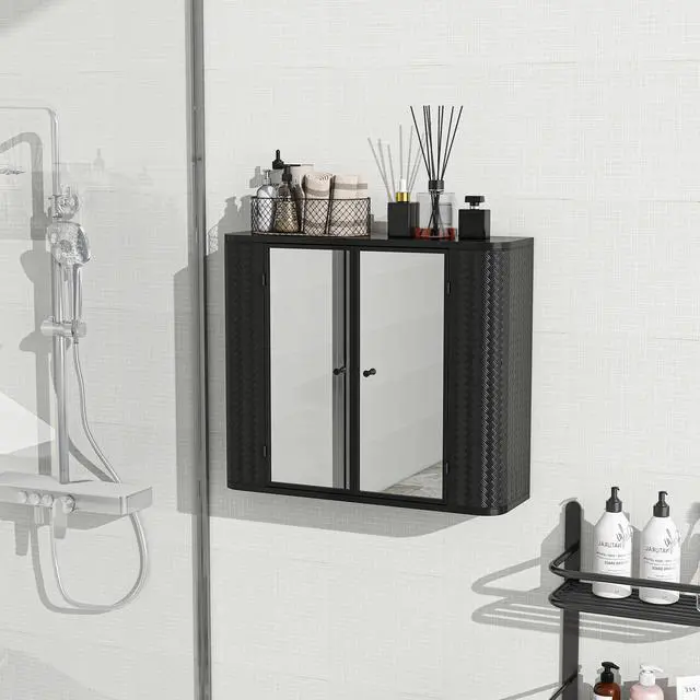 Main image of Black Wall-Mounted Bathroom Cabinet with Mirror, 2 Mirrored Doors & Open Shelf, Farmhouse Metal Frame Storage Cabinet with Open Compartment for Vanity, Toilet & Over-the-Sink