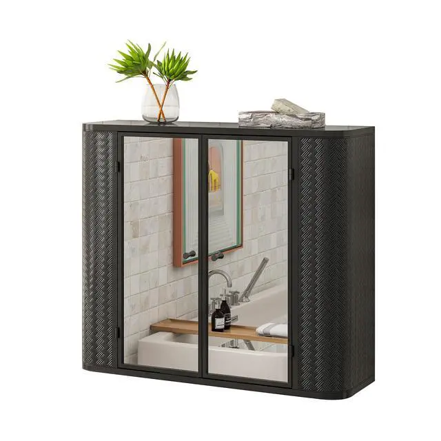 Alt view image 4 of 7 - Black Wall-Mounted Bathroom Cabinet with Mirror, 2 Mirrored Doors & Open Shelf, Farmhouse Metal Frame Storage Cabinet with Open Compartment for Vanity, Toilet & Over-the-Sink