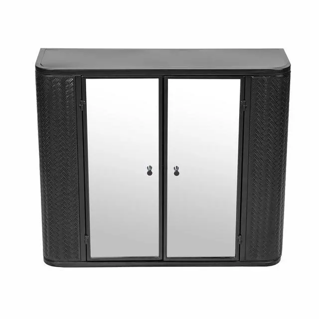 Alt view image 7 of 7 - Black Wall-Mounted Bathroom Cabinet with Mirror, 2 Mirrored Doors & Open Shelf, Farmhouse Metal Frame Storage Cabinet with Open Compartment for Vanity, Toilet & Over-the-Sink