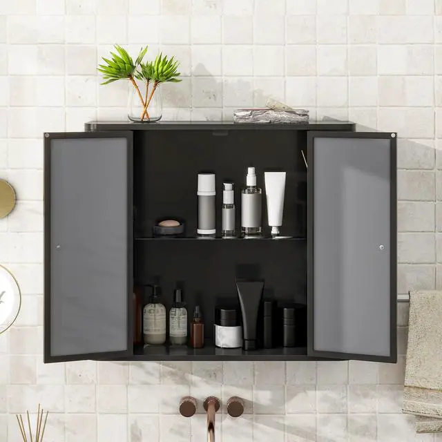 Alt view image 5 of 7 - Black Wall-Mounted Bathroom Cabinet with Mirror, 2 Mirrored Doors & Open Shelf, Farmhouse Metal Frame Storage Cabinet with Open Compartment for Vanity, Toilet & Over-the-Sink