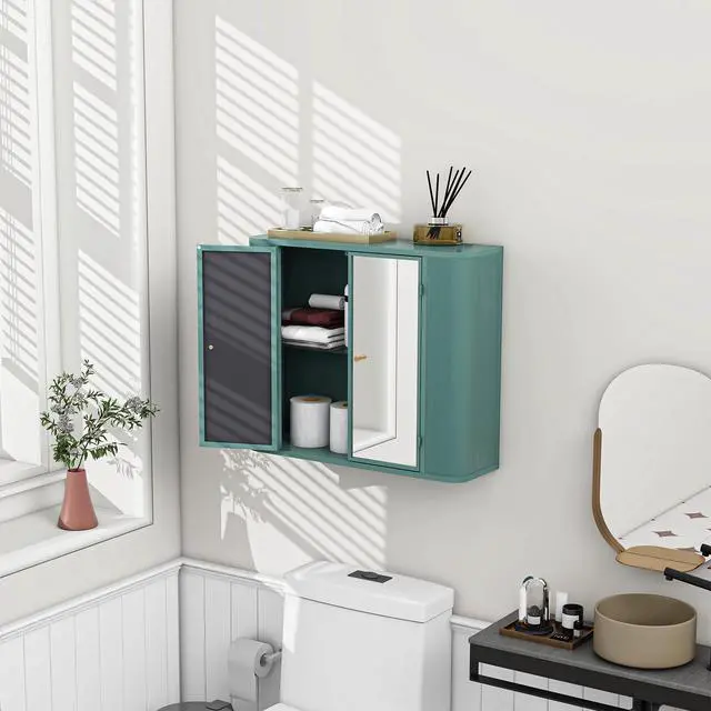 Alt view image 2 of 7 - Army Green Wall-Mounted Bathroom Cabinet with Mirror, 2 Mirrored Doors & Open Shelf, Farmhouse Metal Frame Storage Cabinet with Open Compartment for Vanity, Toilet & Over-the-Sink