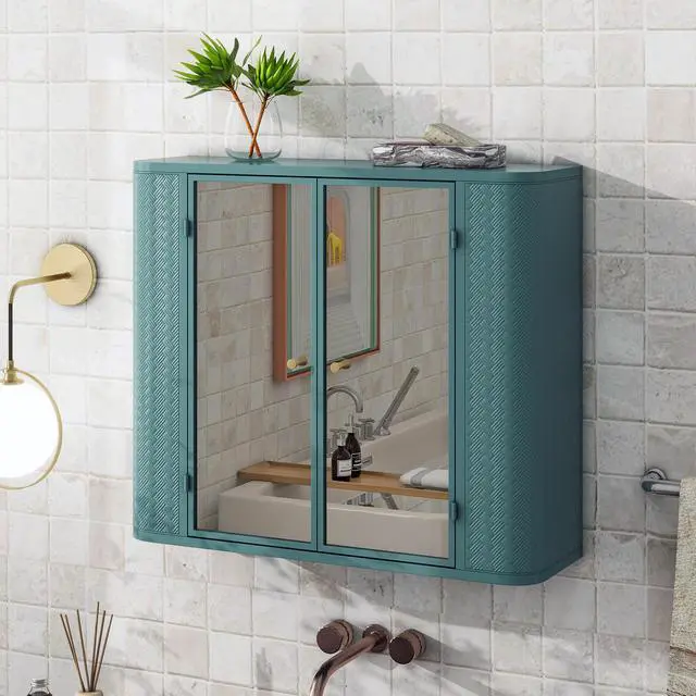Alt view image 3 of 7 - Army Green Wall-Mounted Bathroom Cabinet with Mirror, 2 Mirrored Doors & Open Shelf, Farmhouse Metal Frame Storage Cabinet with Open Compartment for Vanity, Toilet & Over-the-Sink